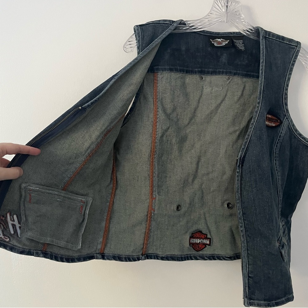 Harley Davidson Denim Zip Blue Motorcycle Patch Vest Large - Picture 4 of 8